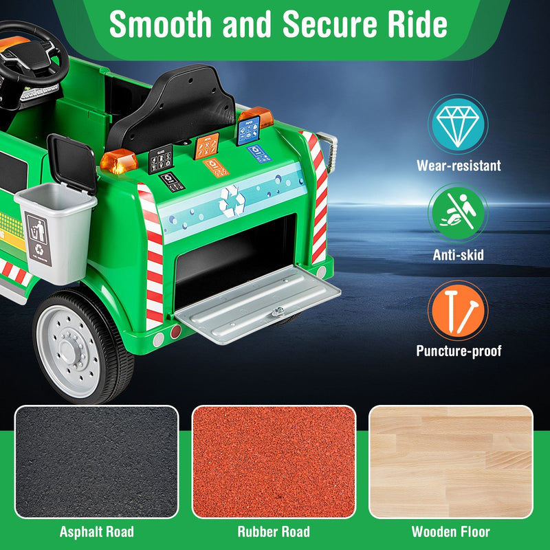 Ride-On Garbage Truck with Remote Control, Trash Bin, Shovel, Lights, and Sound Effects