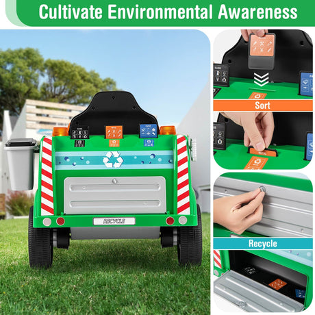 Remote Control Ride-On Garbage Truck with Trash Bin, Shovel, Lights, and Sound Effects