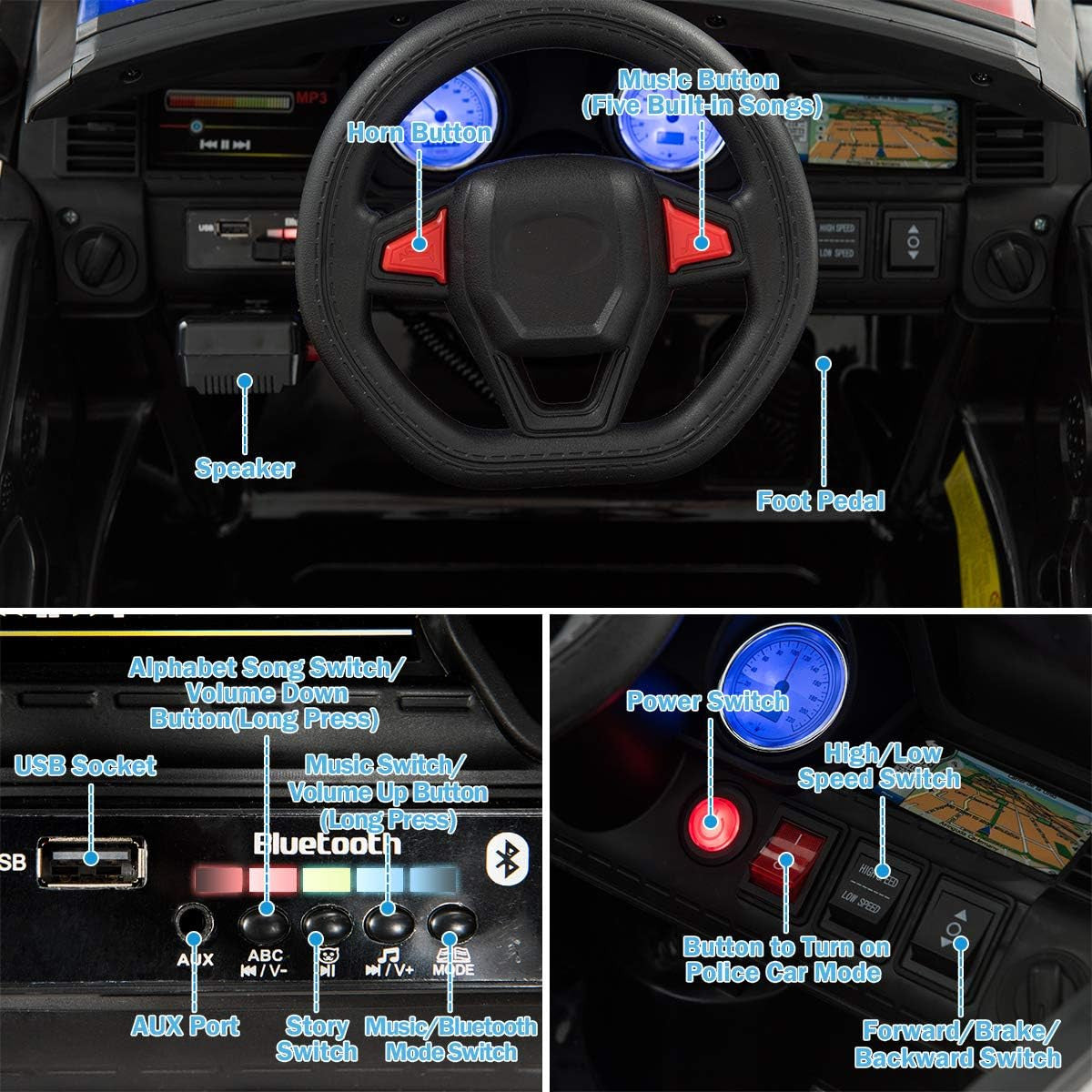 12V Electric Ride-On Police Car for Kids with Siren, Flashing Lights, and Horn