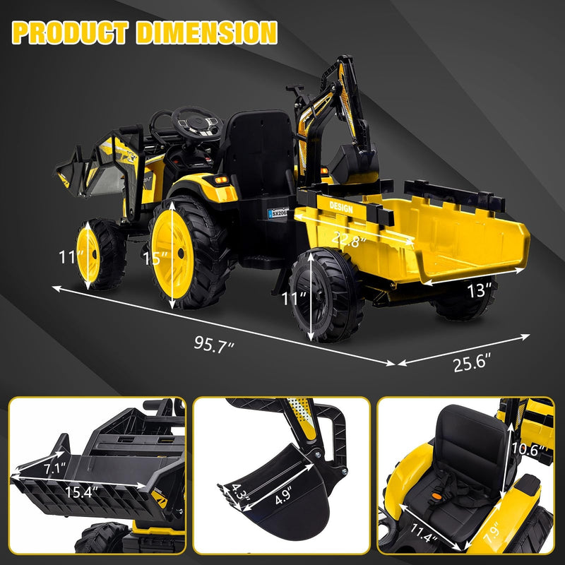24V Electric Ride-On Tractor with Excavator, Trailer, and Digger Attachments