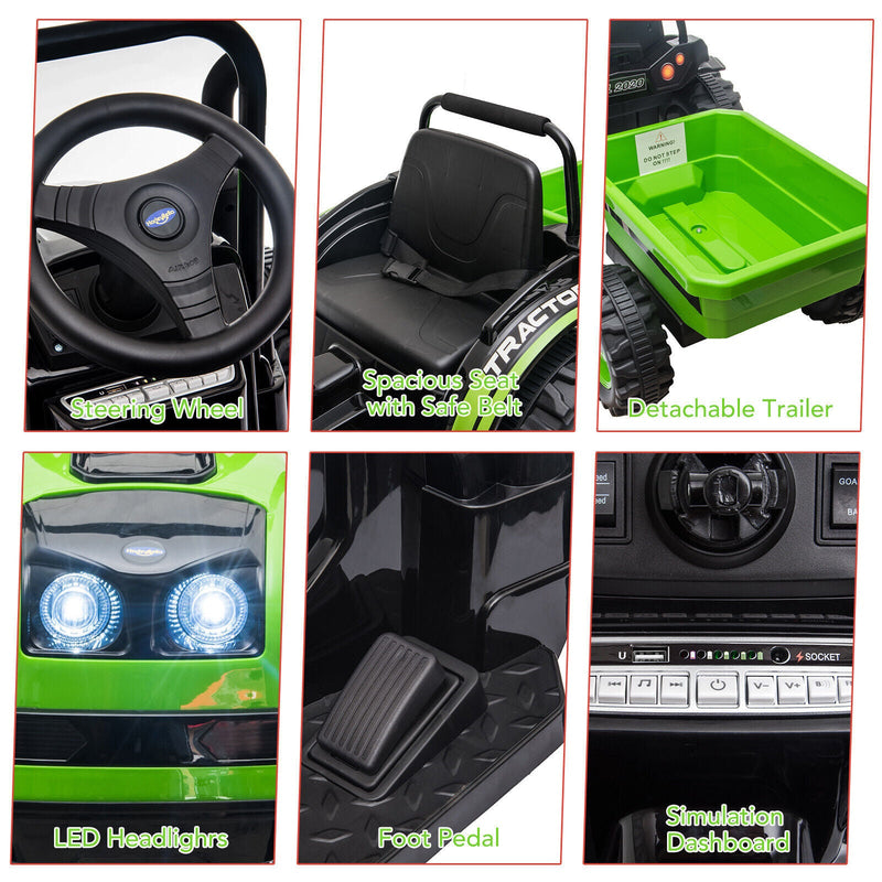 12V Battery-Powered Ride-On Tractor Car with Power Wheels and Parental Remote Control for Kids