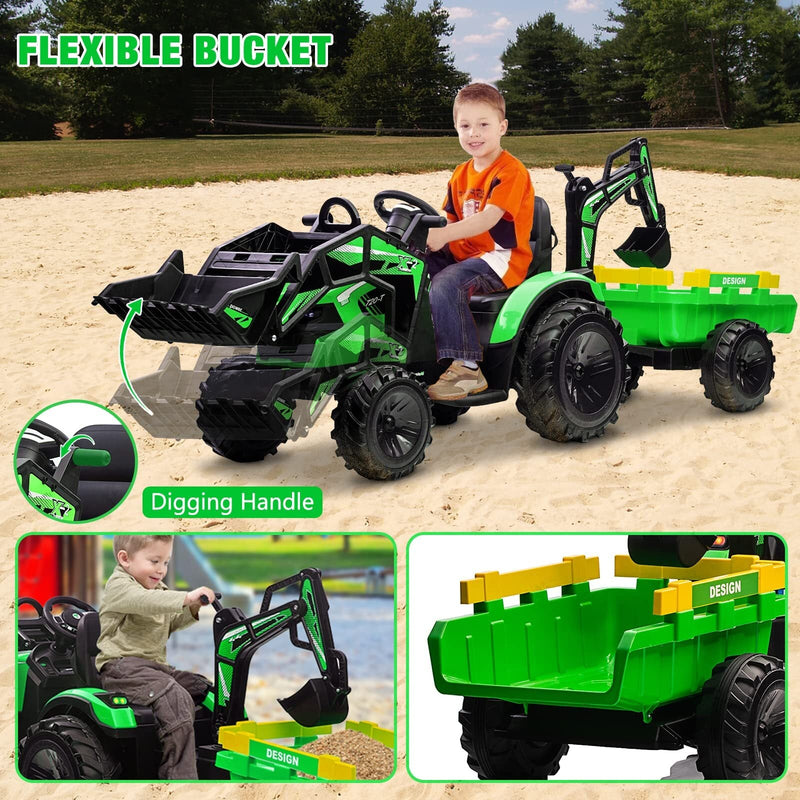 24V Electric Ride-On Tractor for Kids with Trailer, Excavator and Bulldozer Attachments