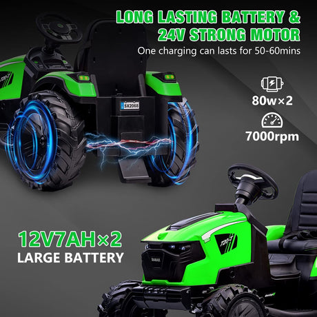 24V Electric Ride-On Tractor for Kids with Trailer, Excavator, and Bulldozer Attachments