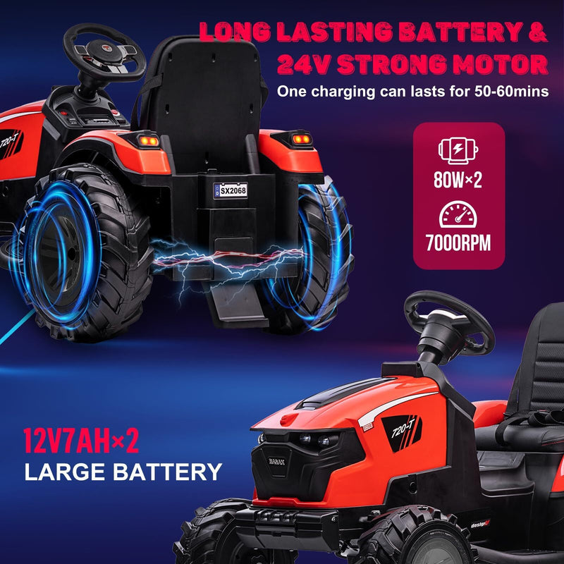 24V Electric Ride-On Tractor for Kids with Trailer, Excavator, and Bulldozer Attachments