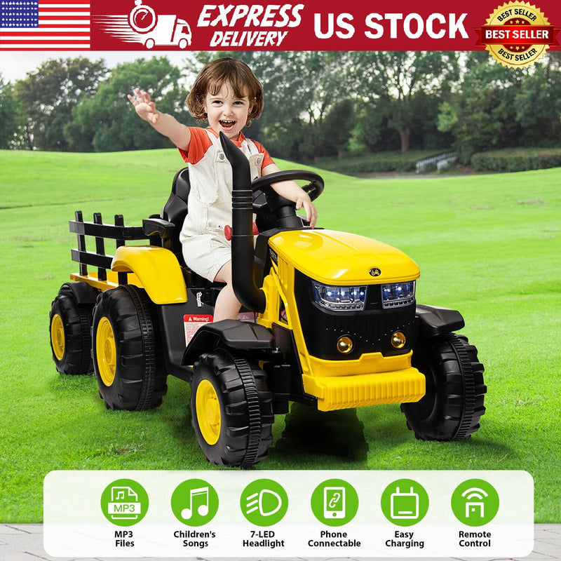 12V Electric Ride-On Tractor with Trailer for Kids, Battery Powered Vehicle