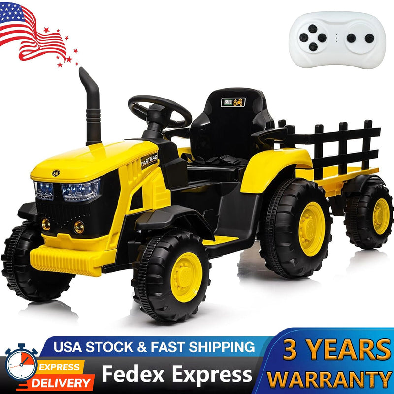 12V Electric Ride-On Tractor with Trailer for Kids, Battery Powered Vehicle