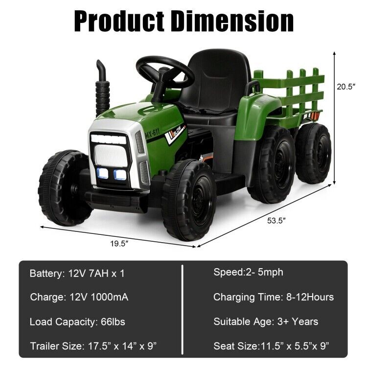 Ride-On Tractor with Trailer and Remote Control for Kids 3+ Years with Lights