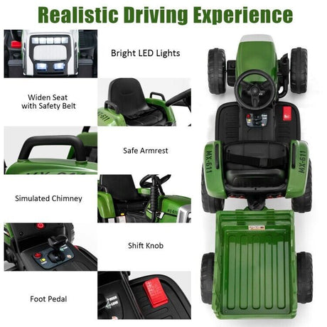 Ride-On Tractor with Trailer and Remote Control for Kids 3+ Years with Lights