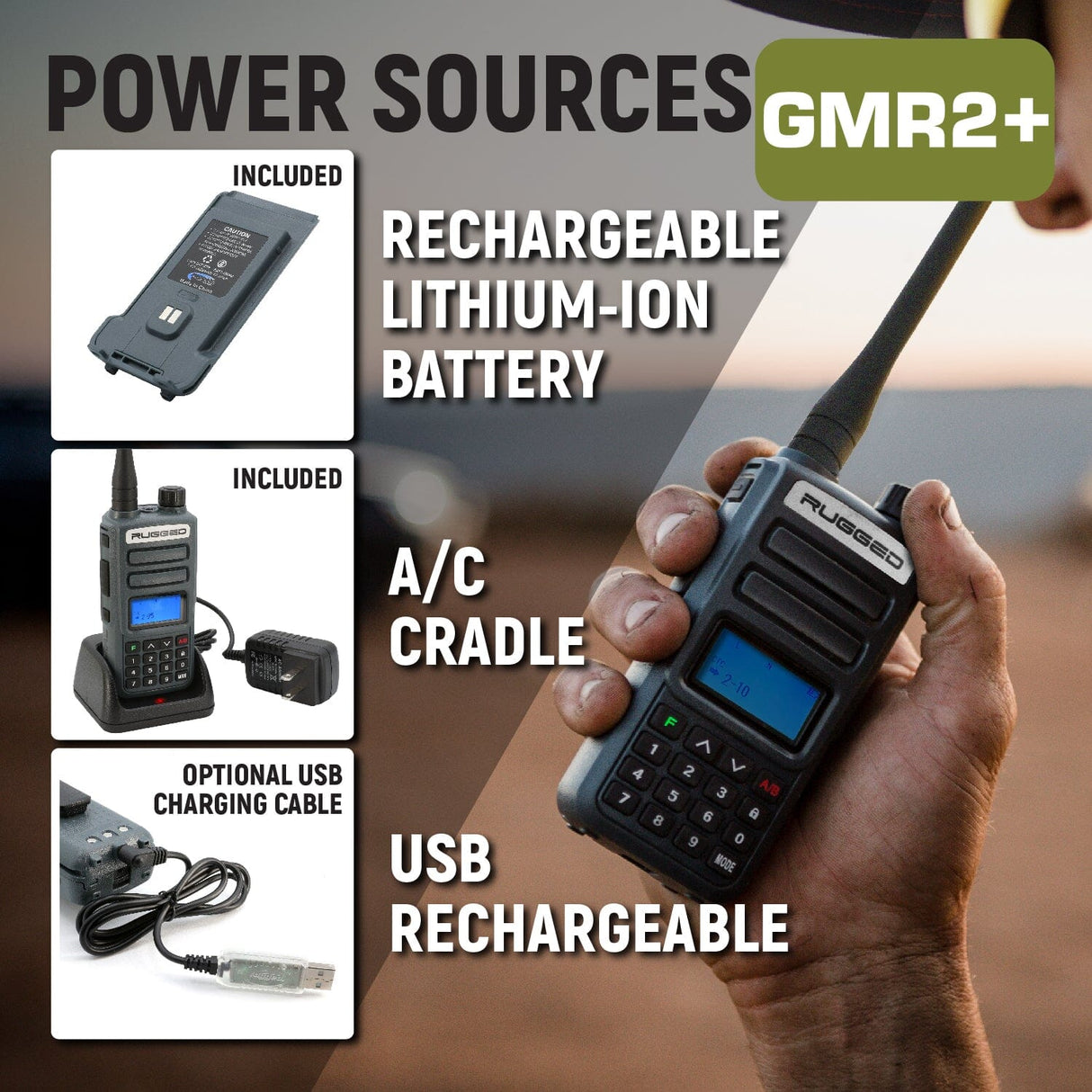Great Outdoors Pack - Rugged GMR2 PLUS - GMRS and FRS Two Way Handheld Radios with Accessories