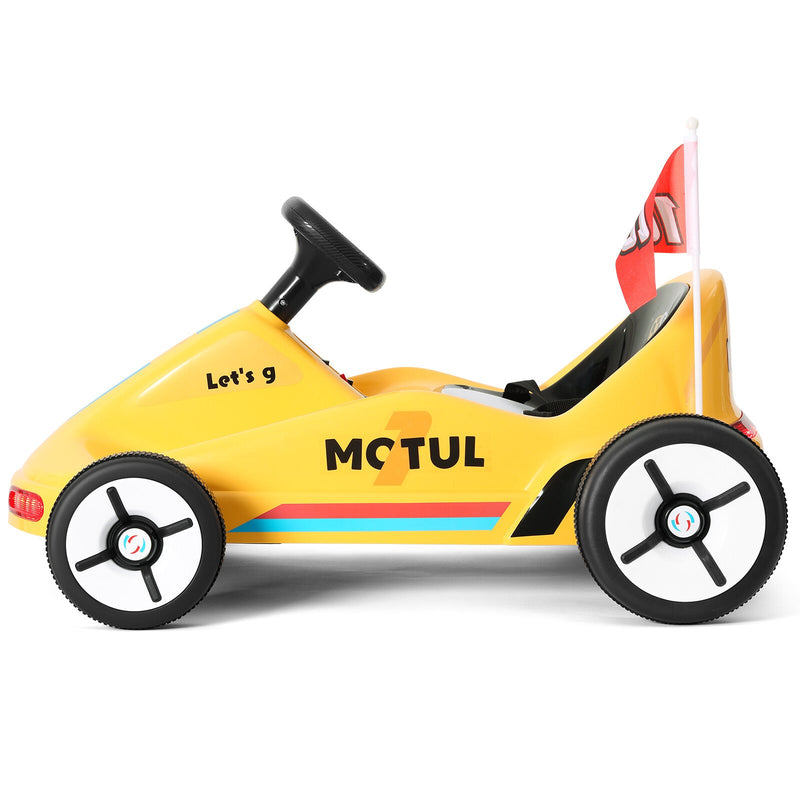 Yellow 12V Battery-Powered Kids Electric Ride-On Go-Kart with 3 Speeds, Music, and Remote Control