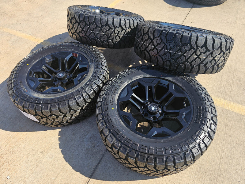 20" 20x9 Black Widow Chevy Silverado OEM GMC Sierra wheels rims 35" KENDA NEW Texas Truck Tire