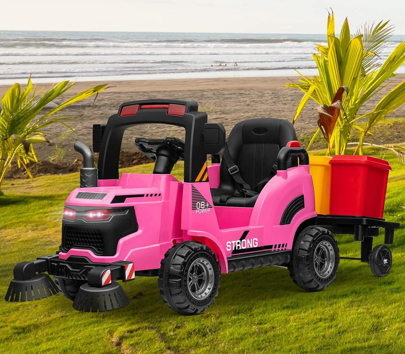 12V Kids Ride-On Construction Sweeper Truck with Trailer and Rubbish Bin Toy Car