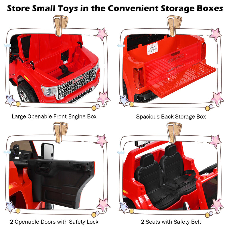 Licensed GMC 2-Seater Kids Ride On Truck with RC Control and Storage Box - Red