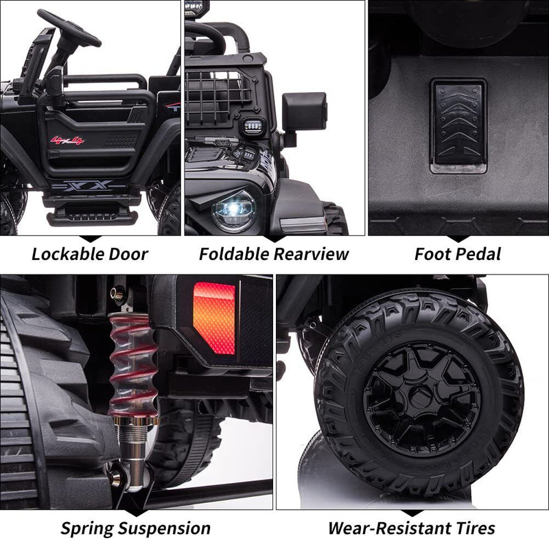 24V Kids Ride On Car in Black with Remote Control - 2 Seater 20” Extra Large Seat Truck