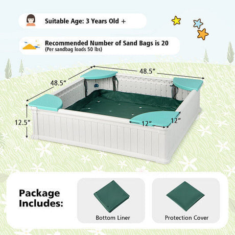 White Outdoor Sandbox with Oxford Cover and 4 Corner Seats for Kids