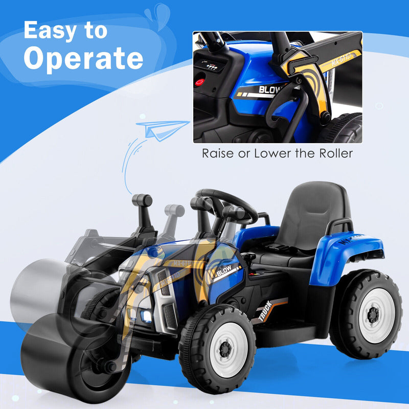 12V Electric Tractor with Remote Control, LED Lights, and Music for Kids - Blue