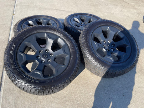 20" Dodge Ram 1500 OEM Laramie Black 2680 wheels rims 2025 2026 FALKEN A/T3 NEW Texas Truck Tire
