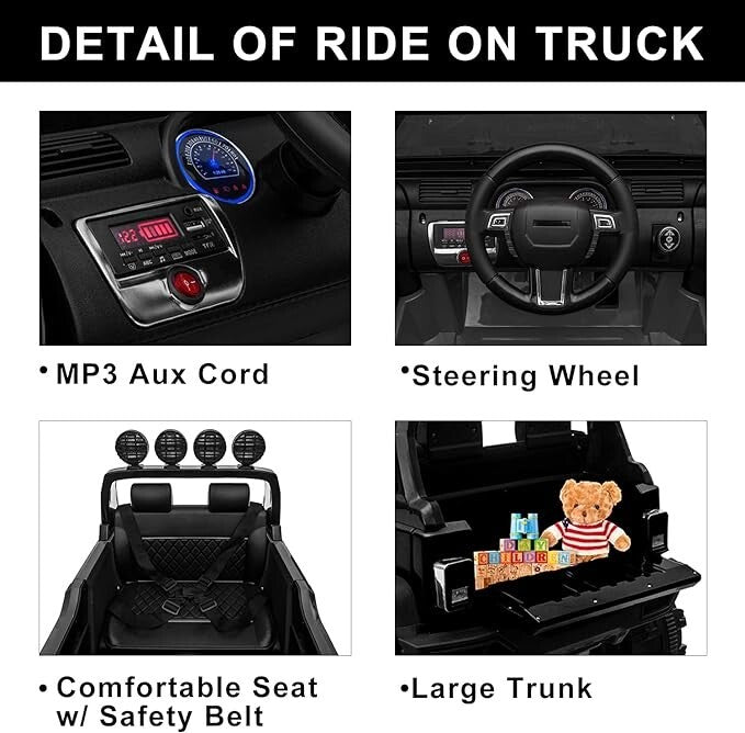 12V Electric Ride-On Pickup Truck for Kids with 3 Speeds and Remote Control, Black