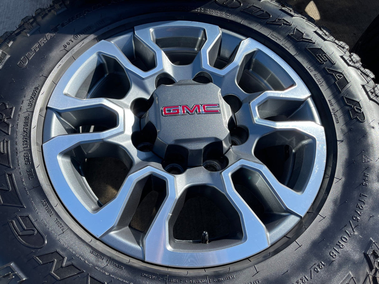 18" GMC Sierra AT4X Chevy Silverado 2500 3500 OEM 5949 wheels rims GOODYEAR A/T Texas Truck Tire