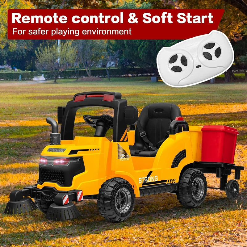 12V Kids Ride-On Construction Sweeper Truck with Trailer and Rubbish Bin Toy Car