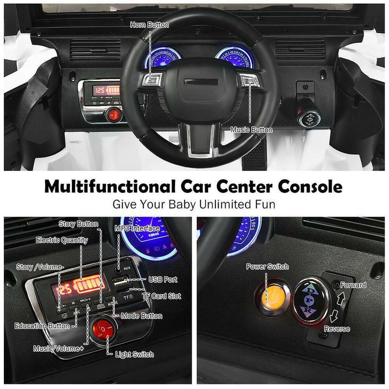 12-Volt White Ride-On Car Truck for Kids with RC Control, LED Lights, Music, and Trunk