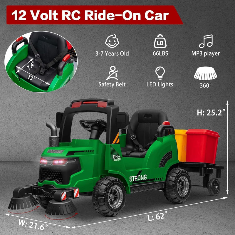 12V Kids Ride-On Construction Sweeper Truck with Trailer and Rubbish Bin Toy Car