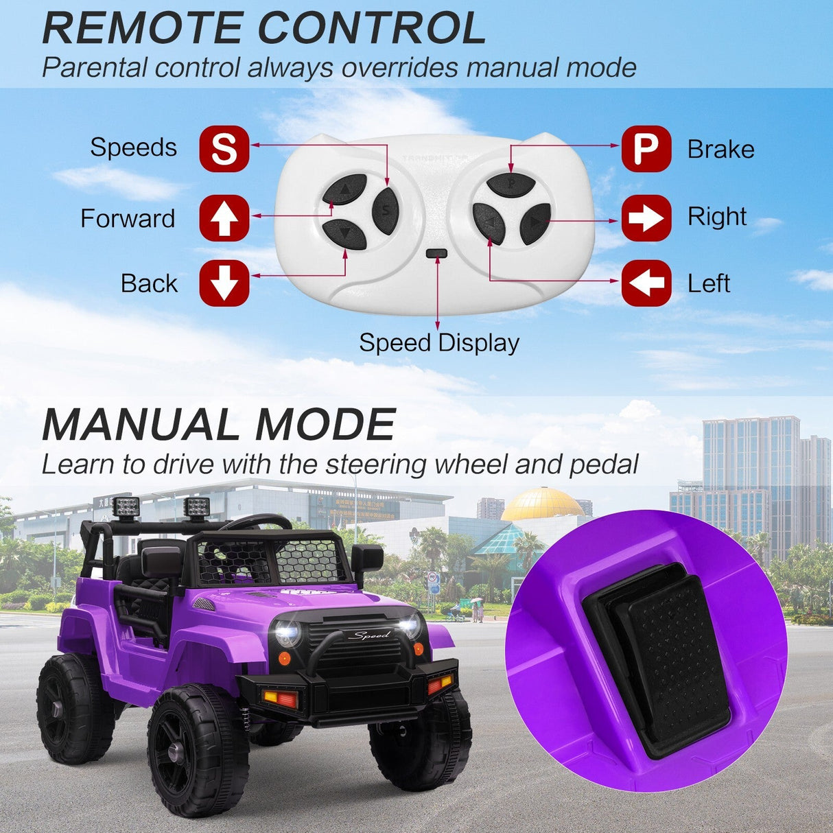 12V Kids Ride-On Power Wheels Remote Control Truck Vehicle Purple
