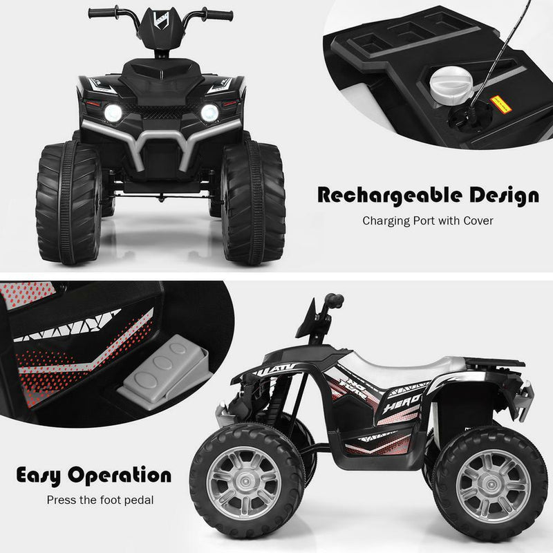 12V Electric ATV Quad for Kids with Music, LED Lights, and Black Finish