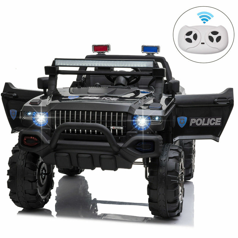 Police Truck RC Ride-On Car for Kids with Remote Control, LED Lights, and MP3 Player - Black