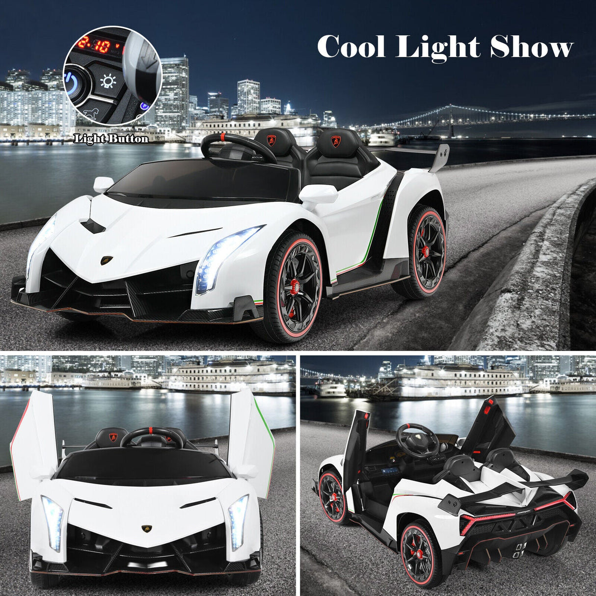 2-Seater Licensed Lamborghini Kids Ride On Car with RC and Swing Function - White (12V)