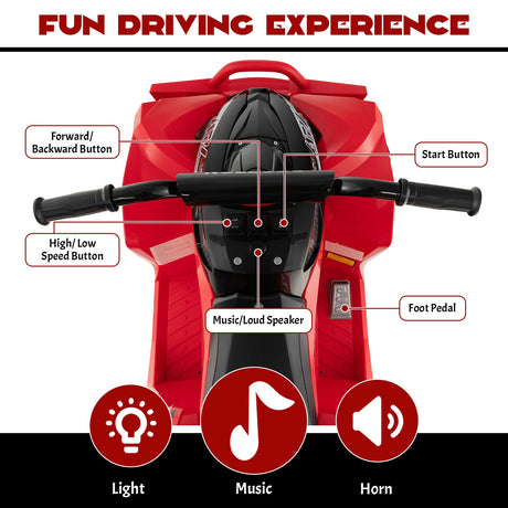 Red Kids Ride-on ATV with Headlights and Music - Powered by 12V Battery