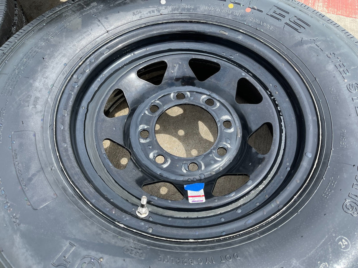 (5) 16x6 16" Dexstar Steel Trailer Gloss Black Wheels Rims Tires 14 PLY 8x6.5 Texas Truck Tire