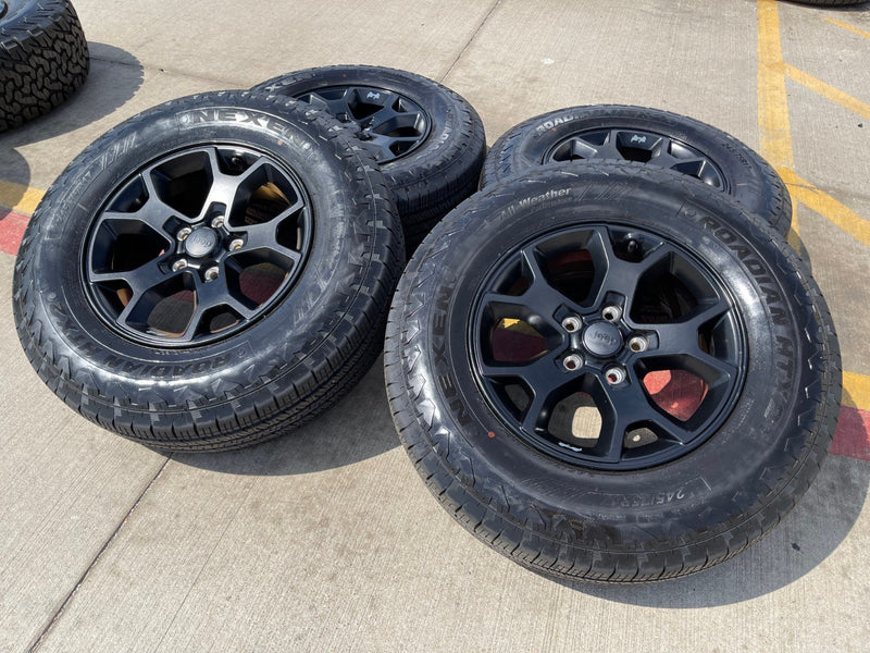 (4) 17" Jeep Wrangler Rubicon OEM 9218 wheels rims black Gladiator NEXEN NEW Texas Truck Tire