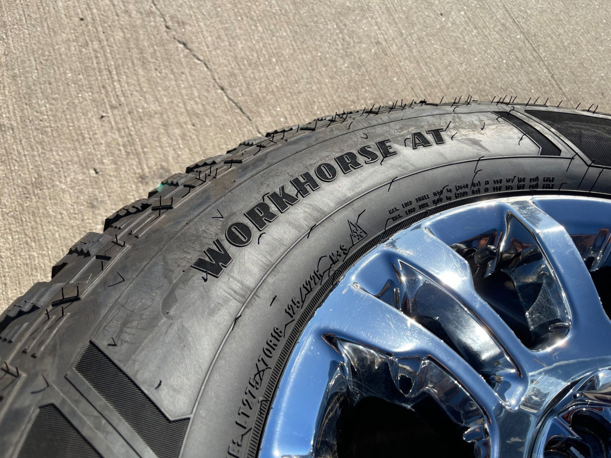 18" Ford F-250 F-350 OEM rims wheels 10290 chrome tires GOODYEAR WORKHORSE A/T Texas Truck Tire