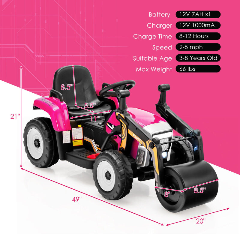 12V Electric Tractor for Kids with Remote Control, LED Lights, and Music - Pink