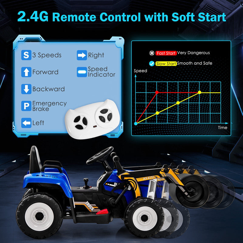12V Electric Tractor with Remote Control, LED Lights, and Music for Kids - Blue