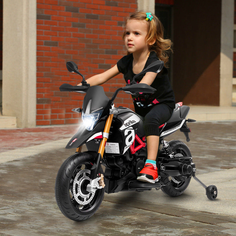 12V Kids Ride-On Aprilia Motorcycle with Training Wheels - Black