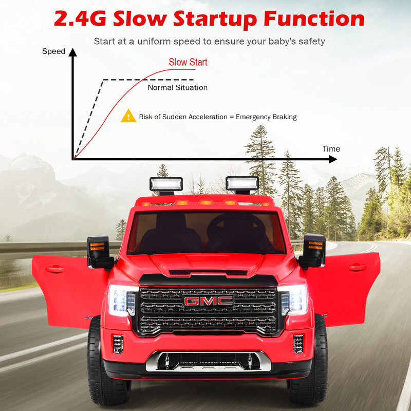 Licensed GMC 2-Seater Kids Ride On Truck with RC Control and Storage Box - Red