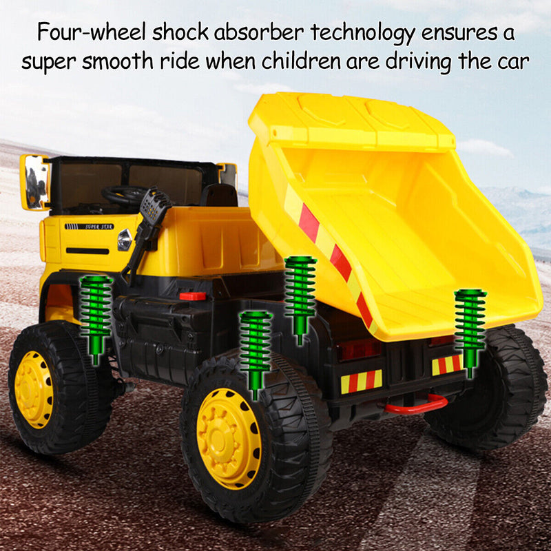 12V 2-Passenger Ride On Dump Truck with Remote Controlled Electric Construction Vehicle