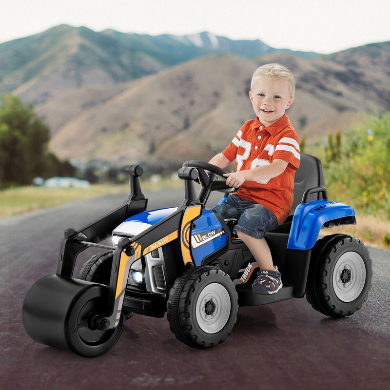 12V Electric Tractor with Remote Control, LED Lights, and Music for Kids - Blue