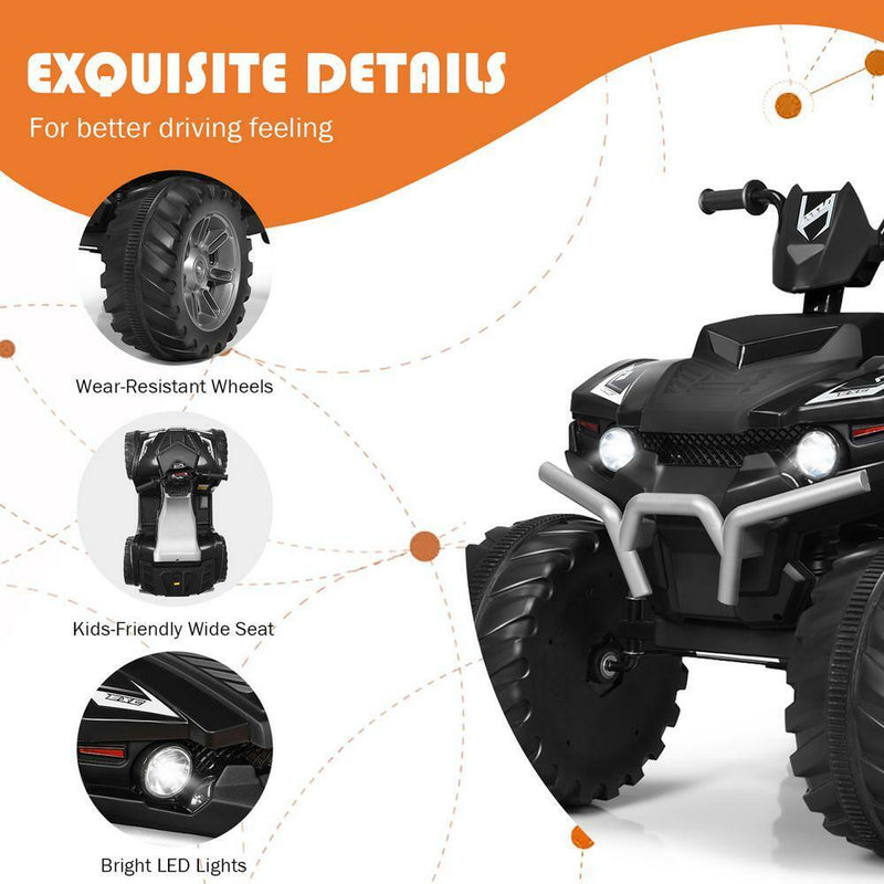 12V Electric ATV Quad for Kids with Music, LED Lights, and Black Finish