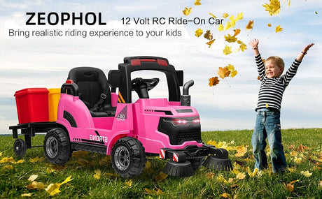 12V Kids Ride-On Construction Sweeper Truck with Trailer and Rubbish Bin Toy Car