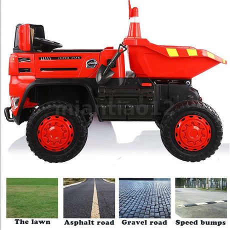 12V Electric Construction Toy - Dump Truck with Moving Bed and Shovel
