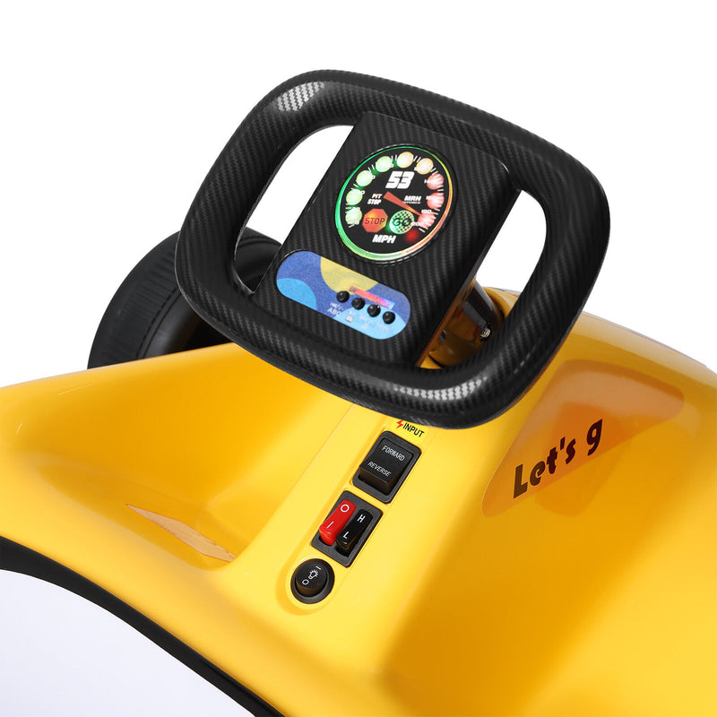 Yellow 12V Battery-Powered Kids Electric Ride-On Go-Kart with 3 Speeds, Music, and Remote Control