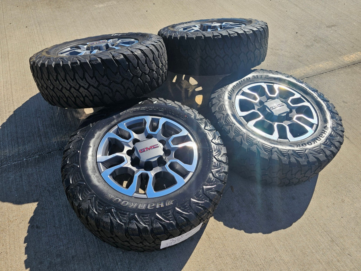 18" GMC Sierra AT4X Chevy Silverado 2500 3500 OEM 5949 wheels rims HANKOOK M/T2 Texas Truck Tire