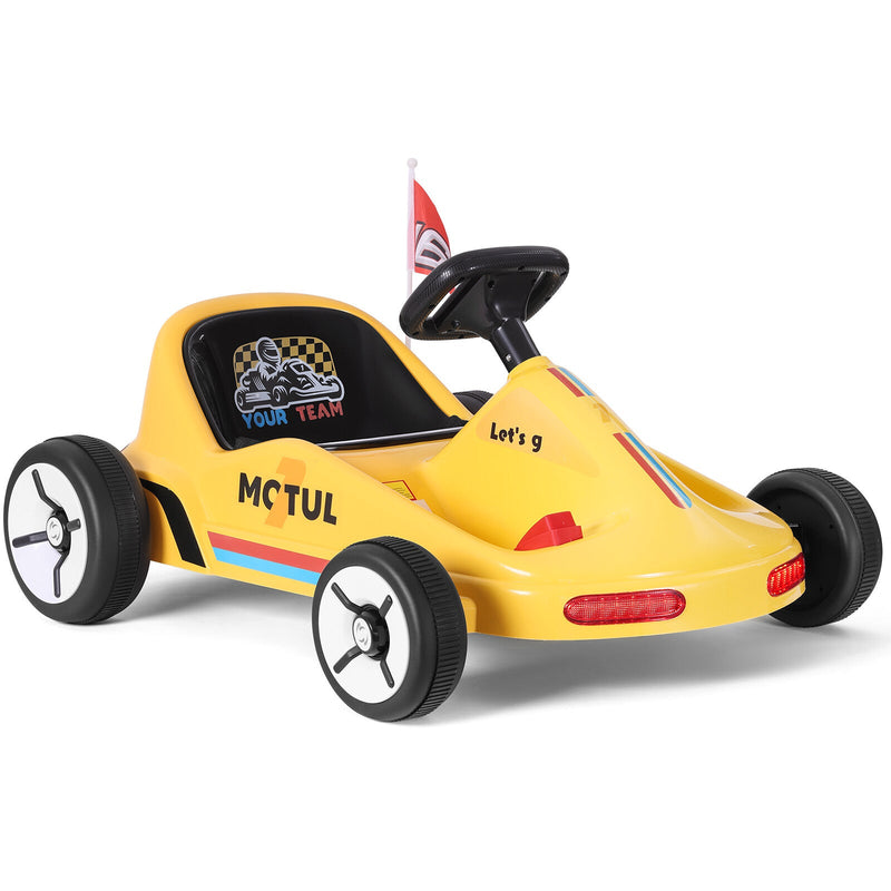 Yellow 12V Battery-Powered Kids Electric Ride-On Go-Kart with 3 Speeds, Music, and Remote Control