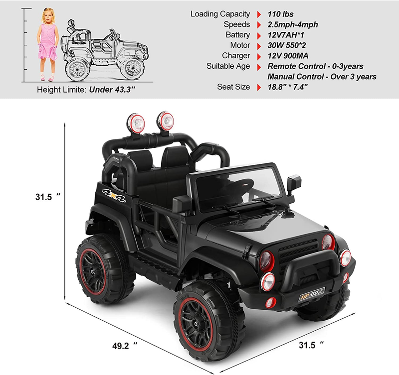 2 Seater Electric Ride-on Truck with Car Cover and Parental Remote Control - 12V Kids Vehicle