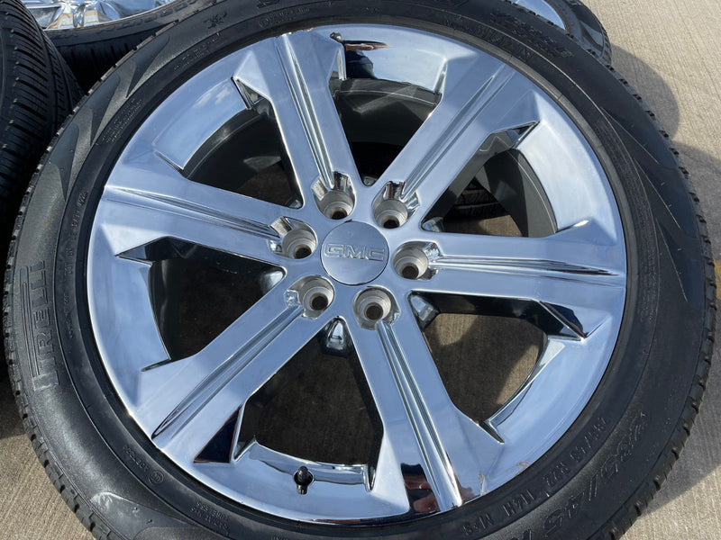 22" GMC Yukon DENALI OEM wheels rims 5667 tires Sierra CHROME PIRELLI Texas Truck Tire