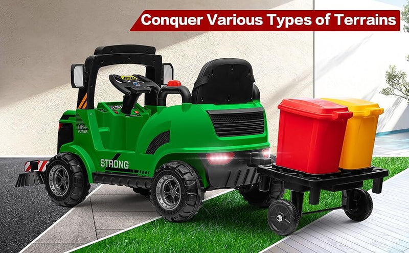 12V Kids Ride-On Construction Sweeper Truck with Trailer and Rubbish Bin Toy Car