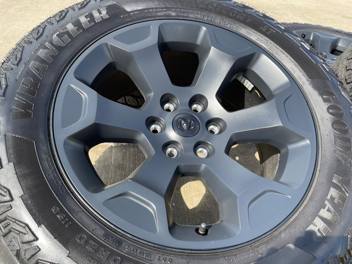 20" Dodge Ram 1500 OEM Laramie Black 2680 wheels rims 2025 2026 GOODYEAR NEW Texas Truck Tire